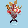 Colorful Ice Cream Sundae With Fresh Strawberries Chocolate Drizzle Waffle Sticks And Decorative Topping