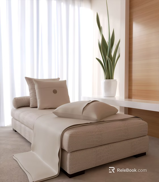 Beige Chaise Lounge With Pillows And Blanket Near White Curtains Green Plant And Wooden Wall 3d model 