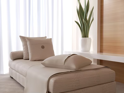 Beige Chaise Lounge With Pillows And Blanket Near White Curtains Green Plant And Wooden Wall 3d model