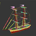 Model Sailing Ship with Multiple Masts White Sails and Colored Flags Orange Yellow Hull Design
