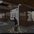 Traditional Chinese Cultural Center Interior With Calligraphy Exhibits And Wooden Display Cabinets
