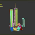 Cartoon Scene of 3D Twin Towers with Surrounding Buildings in Miniature Cityscape