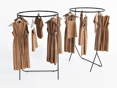 Round Clothes Rack With Black Metal Frame Holding Brown Dresses And Tops 3d model
