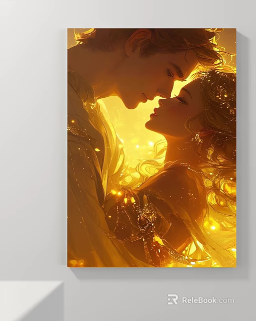 Abstract Painting With Romantic Theme Golden Warm Tones Lovers Emotional Embrace 3d model 