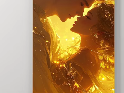 Abstract Painting With Romantic Theme Golden Warm Tones Lovers Emotional Embrace 3d model