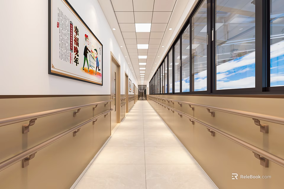 Bright Indoor Corridor With Wooden Handrails Wall Paintings And Large Windows 3d model 