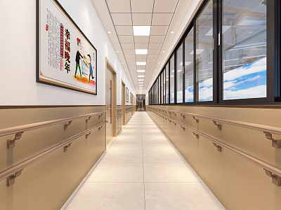 Bright Indoor Corridor With Wooden Handrails Wall Paintings And Large Windows 3d model
