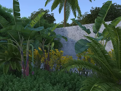 Building Exterior Brick Wall Surrounded by Lush Green Plants Palm Trees and Yellow Flowers 3d model