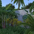 Building Exterior Brick Wall Surrounded by Lush Green Plants Palm Trees and Yellow Flowers