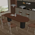 Modern Restaurant Dining Area With Oval Wooden Table Metal Leg Chairs And Open Shelves