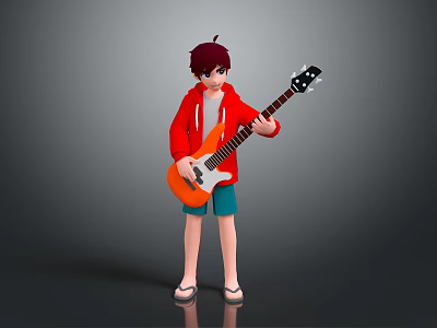 Game Movie Character with Red Jacket Gray T-shirt Blue Shorts Sandals Holding Orange Electric Guitar 3d model