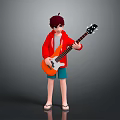 Game Movie Character with Red Jacket Gray T-shirt Blue Shorts Sandals Holding Orange Electric Guitar