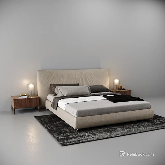 Modern Double Bed With Beige Headboard Wooden Nightstands Table Lamps Gray Black Bedding Dark Rug 3d model 