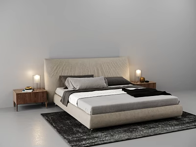 Modern Double Bed With Beige Headboard Wooden Nightstands Table Lamps Gray Black Bedding Dark Rug 3d model