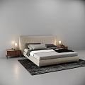 Modern Double Bed With Beige Headboard Wooden Nightstands Table Lamps Gray Black Bedding Dark Rug