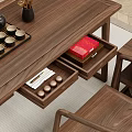 Traditional Wooden Tea Table And Stools Set With Tea Sets Green Plant And Brick Wall