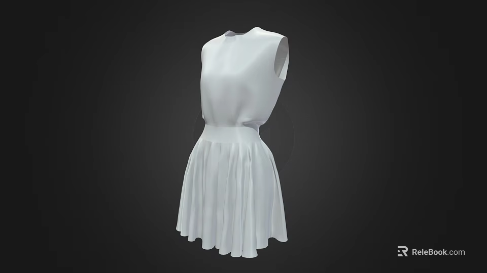 Chic White Sleeveless Dress With Round Neck And Pleated Skirt 3d model 
