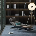 Elegant Lounge Chair With Green Cushion Ottoman And Floor Lamp In Dark Bookshelf Interior