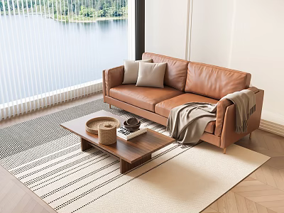 Brown Two Seater Leather Sofa With Gray Pillows Blanket Lake View Window And Striped Rug 3d model