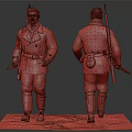 Man In Military Coat With Rifle Knife And Long Boots On Snowy Ground Front Back Views