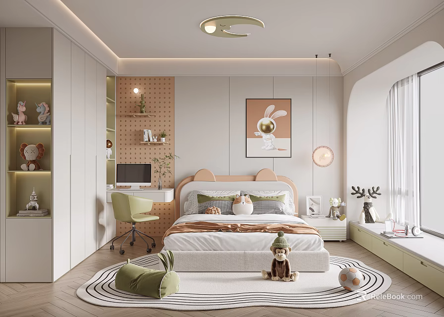 Modern Kids Bedroom With Bunny Decor Bed Circular Rug And Green Chair 3d model 