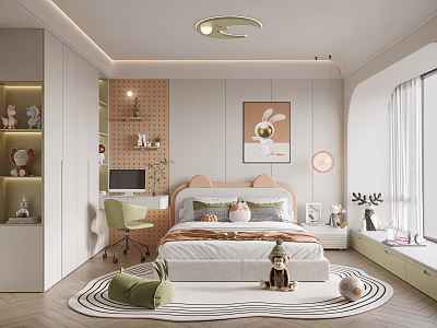 Modern Kids Bedroom With Bunny Decor Bed Circular Rug And Green Chair 3d model