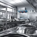 Commercial Restaurant Kitchen Interior With Stainless Steel Equipment Worktables And Ventilation Hood