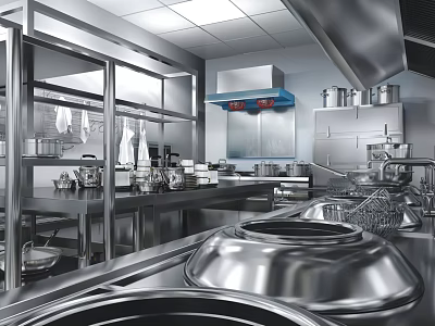 Commercial Restaurant Kitchen Interior With Stainless Steel Equipment Worktables And Ventilation Hood 3d model