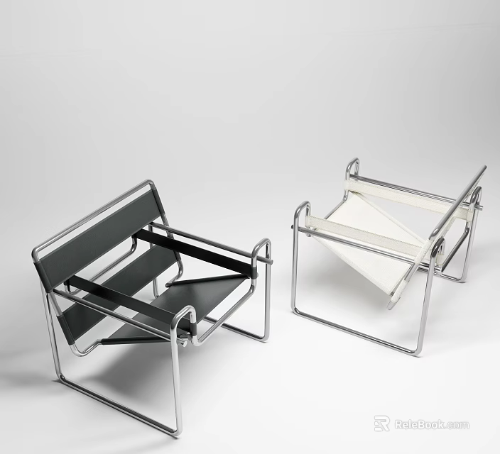 Modern Leisure Chairs With Metal Frames Black Leather And White Seat Cushions 3d model 