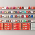 Colorful Household Items Packaging With Various Designs Neatly Arranged On Wall