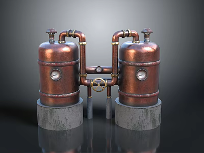Copper Cylindrical Tanks With Interconnected Brass Pipes And Concrete Bases 3d model