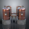 Copper Cylindrical Tanks With Interconnected Brass Pipes And Concrete Bases