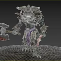 Dark Fantasy Game Movie Character With Horned Head Green Glowing Axe And Bone Decorations