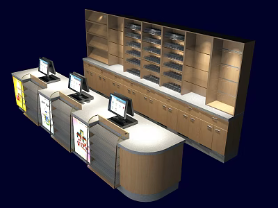 Wooden Reception Desk With Multiple Computer Monitors And Shelves For Office Interior 3d model