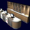Wooden Reception Desk With Multiple Computer Monitors And Shelves For Office Interior