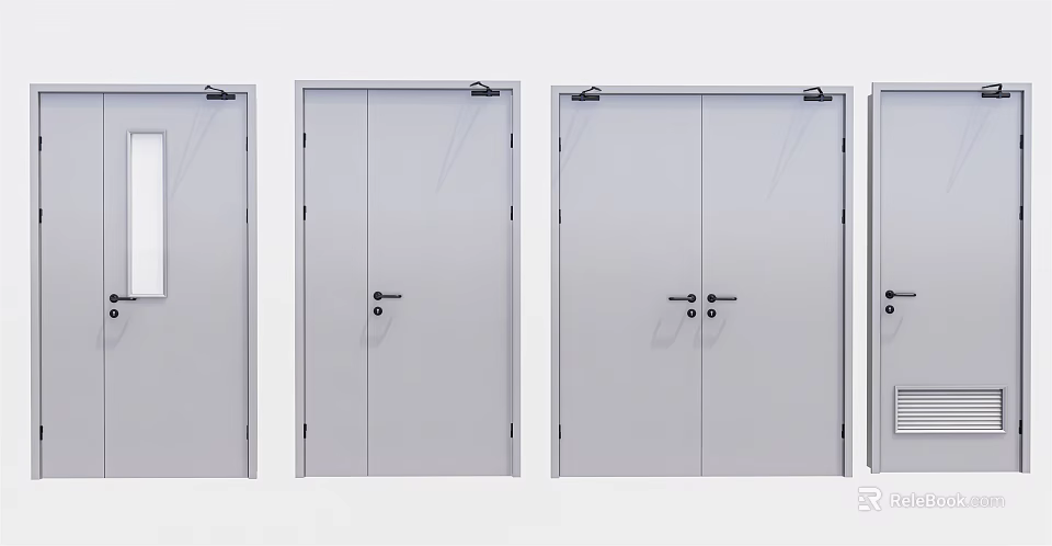 White Interior Doors With Single Double Leaf Handles And Closers 3d model
