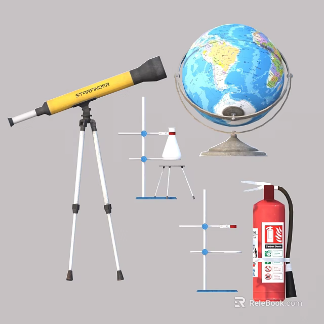 Useful Essential Household Supplies Including Yellow Telescope Globe Tripod And Red Fire Extinguisher 3d model 