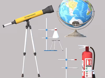 Useful Essential Household Supplies Including Yellow Telescope Globe Tripod And Red Fire Extinguisher 3d model