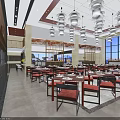 Modern Restaurant Interior With Elegant Chandeliers Wooden Tables And Red Chairs