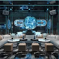 Modern Tech Style KTV Lobby With Blue Lighting Circular Screens Marble Floor Sofa Bar Counter