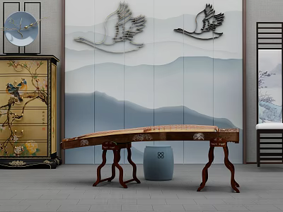 Traditional Chinese Shower Sauna Space With Guzheng Crane Decor And Landscape Wall 3d model
