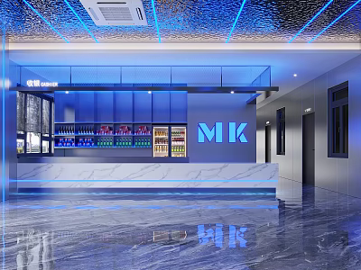 Modern MK Logo Bar Counter With Blue Lighting Marble Top And Beverage Display Shelves 3d model