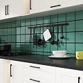 Modern Kitchen Interior With White Cabinets And Green Tile Backsplash 3d model