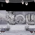 Elegant Wedding Venue Setup With White Roses Marble Steps And Chandelier Decorations