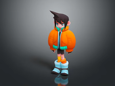Man With Spiky Black Hair Wearing Orange Jacket And Blue Boots In 3D Design 3d model