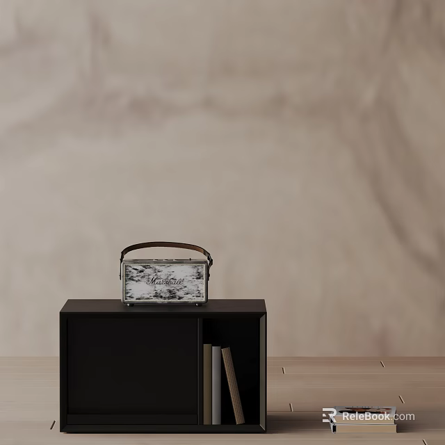 Black Modern Nightstand with Patterned Box on Top and Books in Bedroom 3d model 