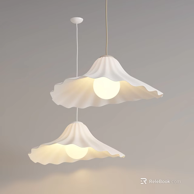 Two White Scallop Shaped Pendant Lights With Soft Glowing Bulbs Hanging 3d model 