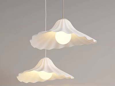Two White Scallop Shaped Pendant Lights With Soft Glowing Bulbs Hanging 3d model