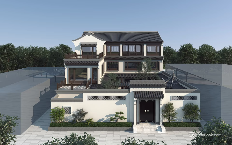 Chinese Style Detached Villa with Traditional Roof Courtyard Two Story Exterior and Carved Decorations 3d model 