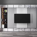 Modern TV Background Wall with Marble Panels Striped Design and Storage Shelves